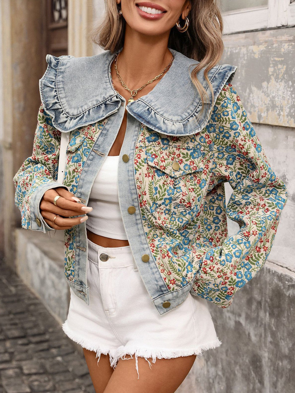 Women's Jacquard Denim Jacket | Ruffled Peter Pan Collar Long-Sleeve Short Jacket in Blue | S–XXL