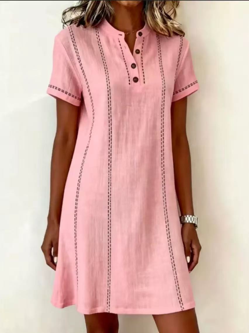 Women's Printed Button-Up Stand Collar Midi Dress – 3/4 Sleeve Loose Fit