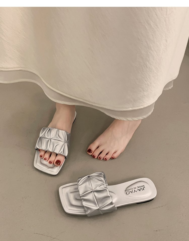 Minimalist Pleated Flat Slide Sandals – Square Toe Faux Leather