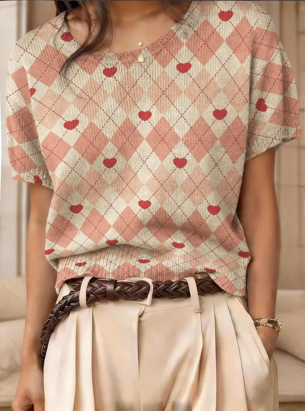 Women's Retro Short-Sleeve Jacquard Knit Top