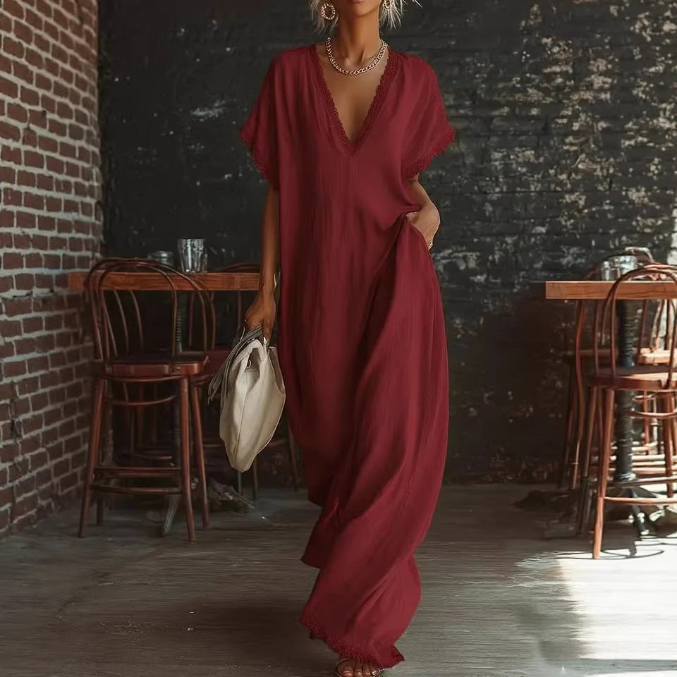Lace-Trimmed Loose Long Dress for Women