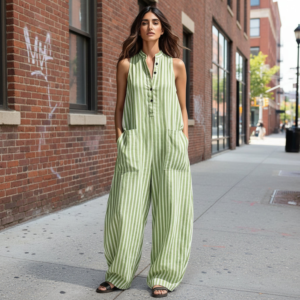 V-Neck Sleeveless Striped Loose Cropped Jumpsuit | 3 Colors S–3XL