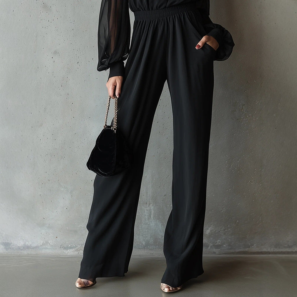 Black Embroidered Women’s Long-Sleeve Wide-Leg Jumpsuit