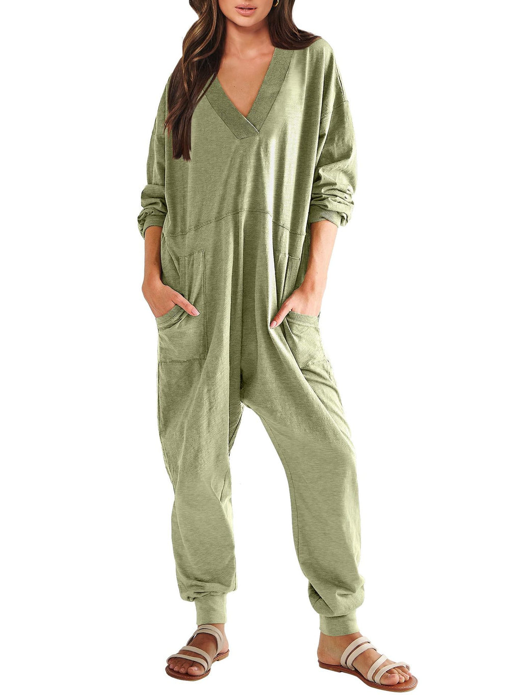 Women’s V-Neck Long Sleeve Solid Color Loose Jumpsuit With Two Side Pockets