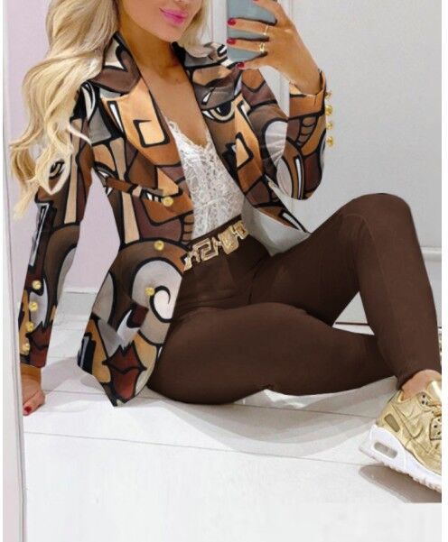 Women's Printed Coat & Trousers Two-Piece Set – 19 Prints, Casual Fashion Suit