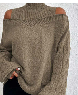 Women’s Elegant Off-Shoulder Turtleneck Sweater — Long Sleeve Knit Top