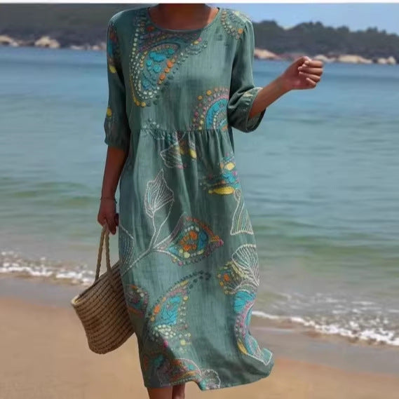 Women's 3D Floral Print Long-Sleeve A-Line Dress – Crew Neck Loose Fit