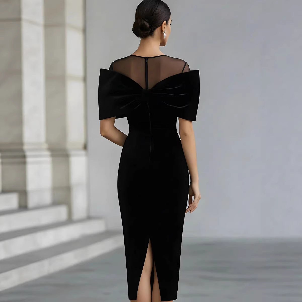 One-Shoulder Velvet Gold Thread Dress – Elegant Midi Dress in Black & Red