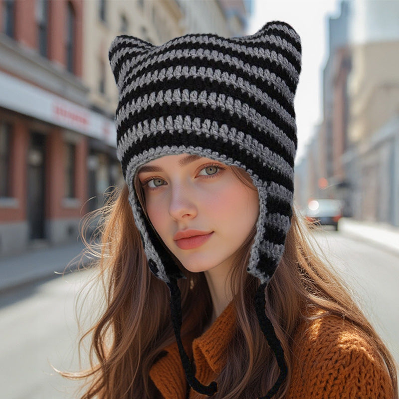 Women’s Hand Knitted Striped Cat Hat – Cute Warm Winter Beanie