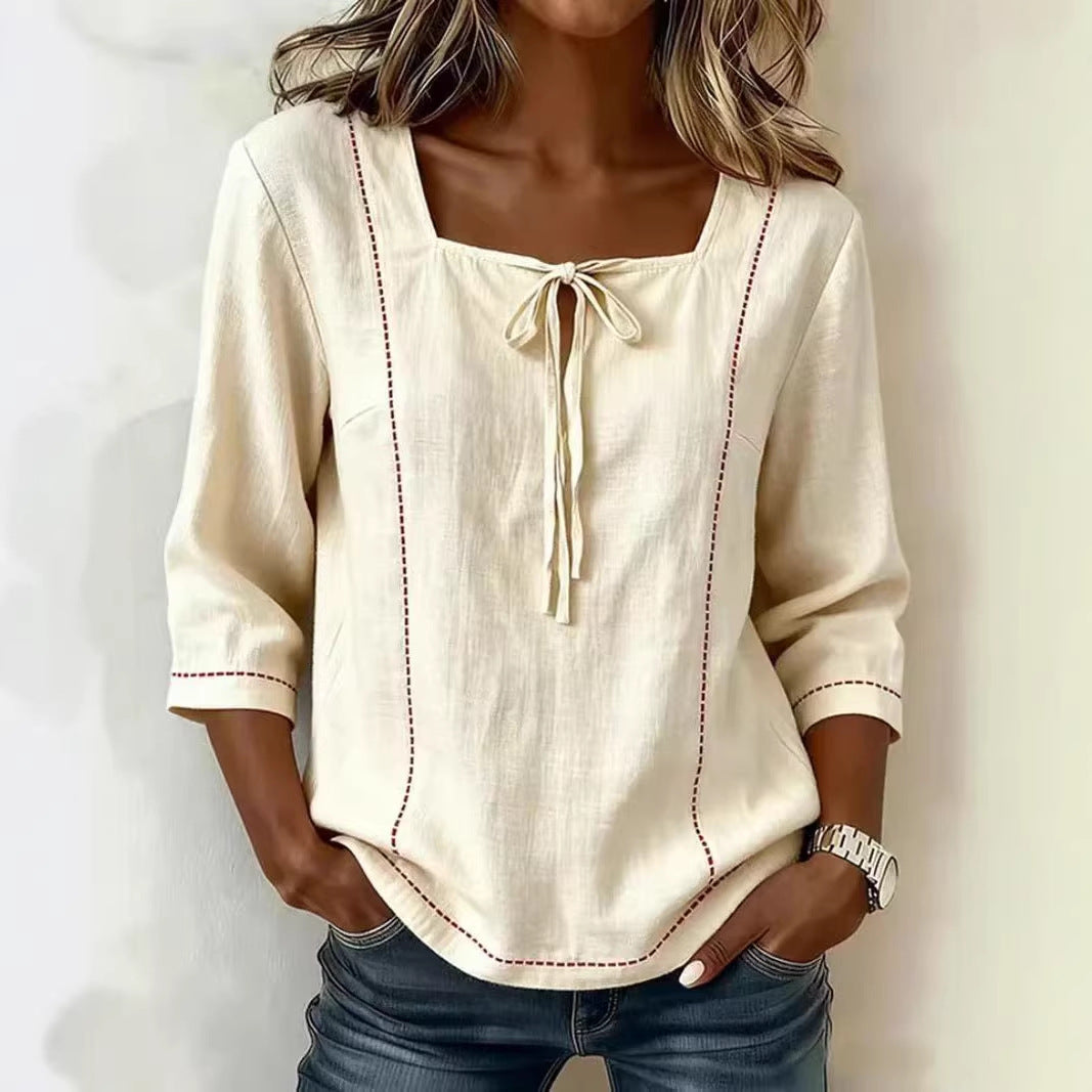 Printed Lace-Up Square-Neck Shirt – Three-Quarter Sleeve, Ramie