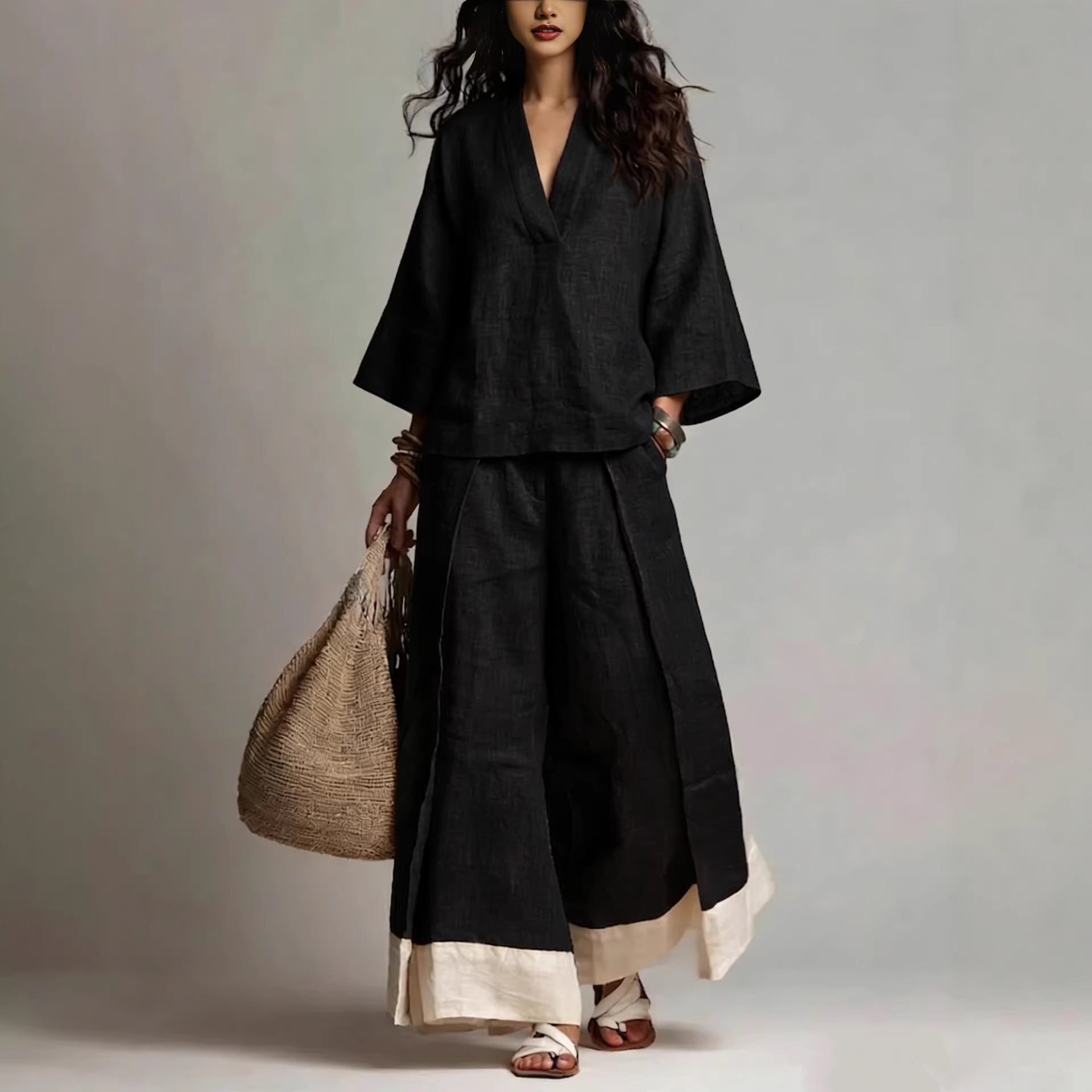 Women's Cotton-Linen V-Neck 3/4 Sleeve Shirt & Wide-Leg Pants Set