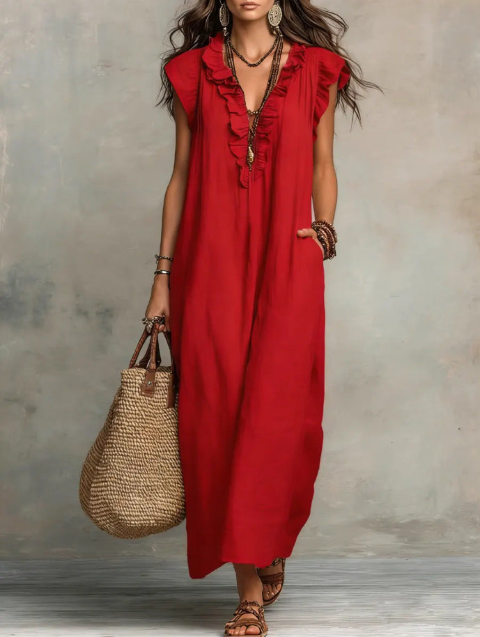 Women's Sleeveless Ruffle Pocket Maxi Dress