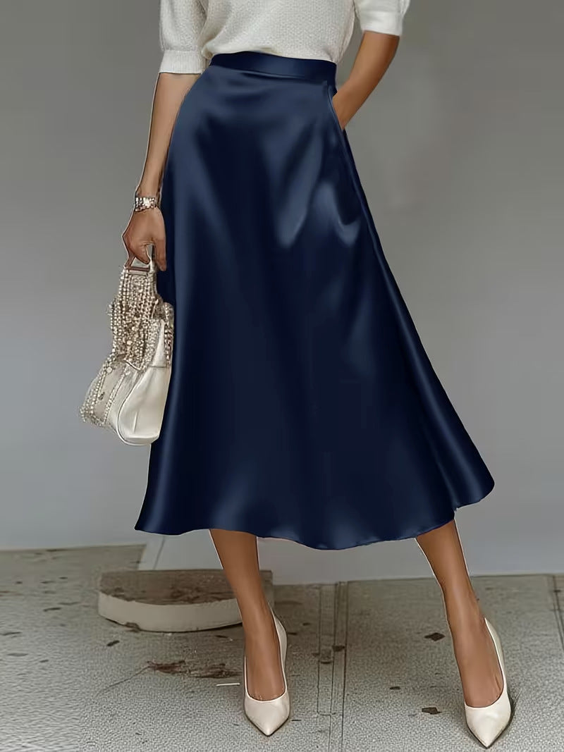 Women's Satin Solid Color Mid-Length Skirt – Slight Stretch