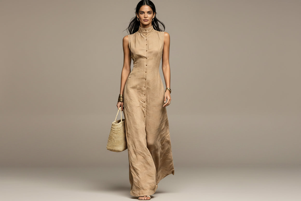 Women's Stand-Collar Single-Breasted Sleeveless Midi Dress
