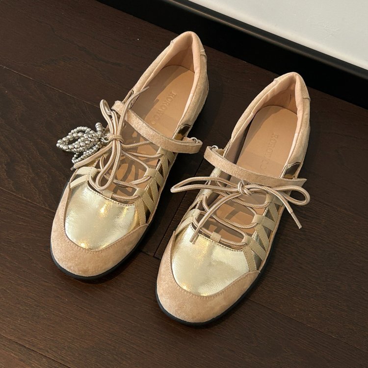 Women's Rhinestone Bow Lace-Up Mary Jane Flats – Cut-Out Cage