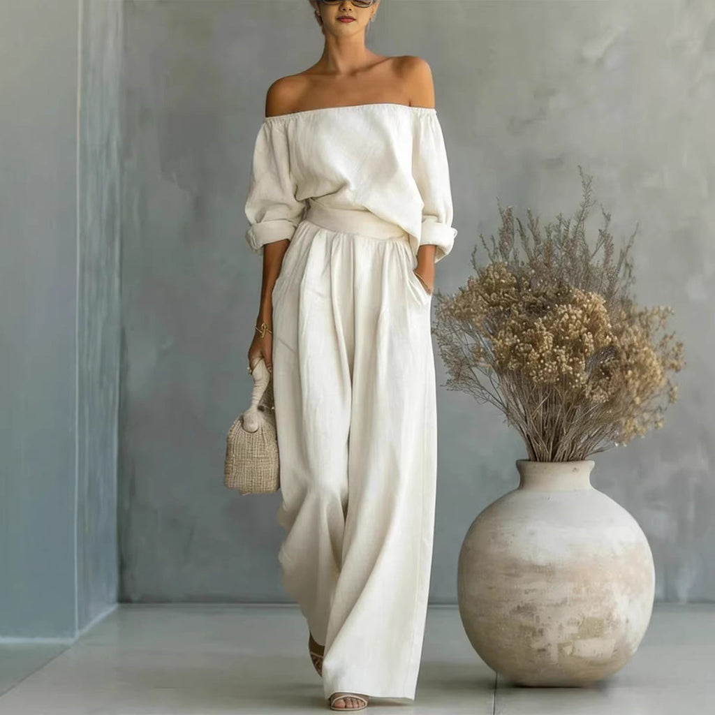 Women's Off-Shoulder Long-Sleeve Top & Wide-Leg Pants Two-Piece Set