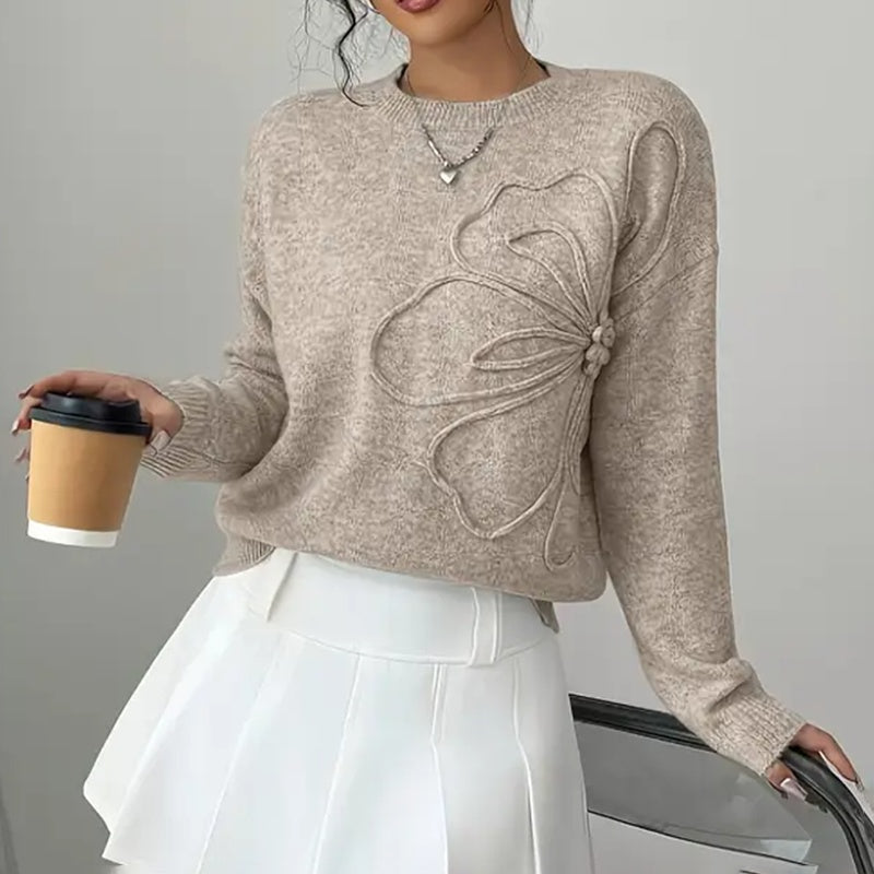 Women's Elegant Floral Sweater - Crew Neck Long Sleeve Casual Pullover