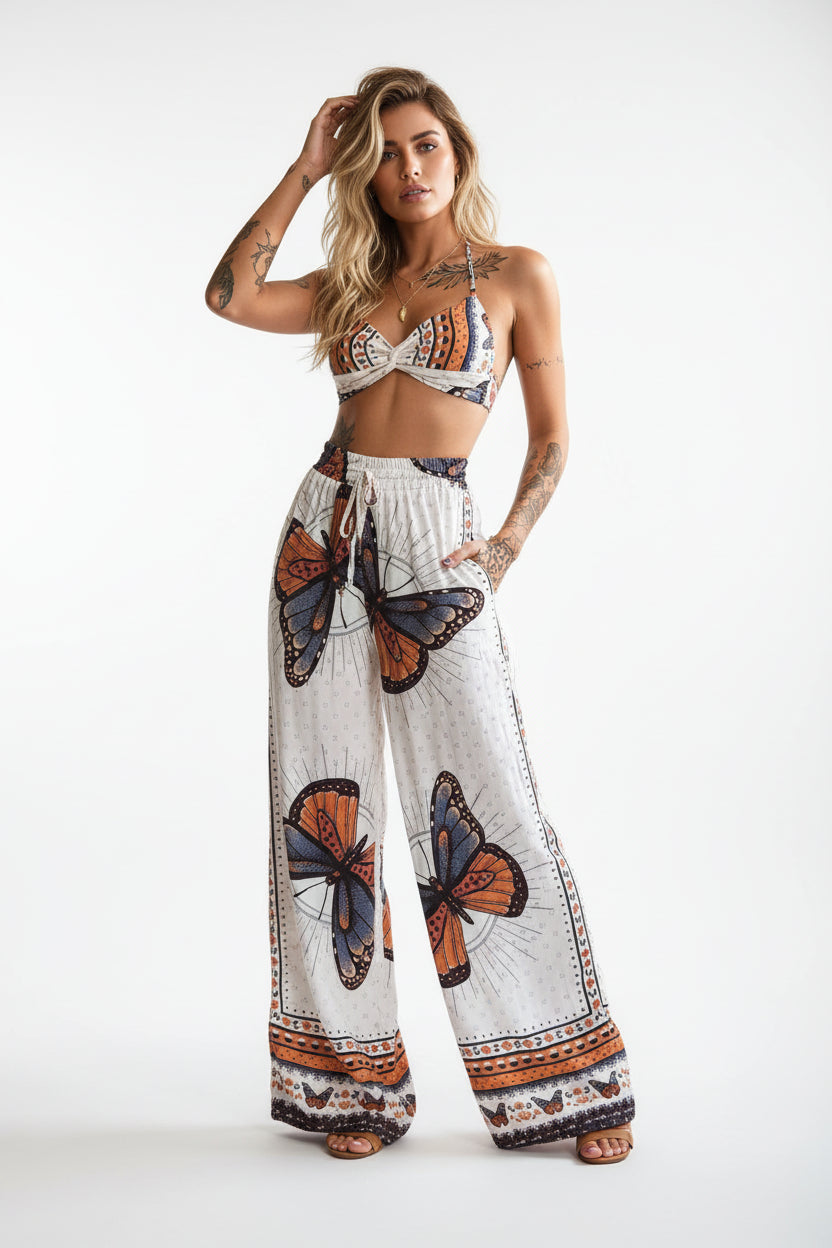 Women's Feather Print Crop Top & Pants Set – 2-Piece Vacation Outfit
