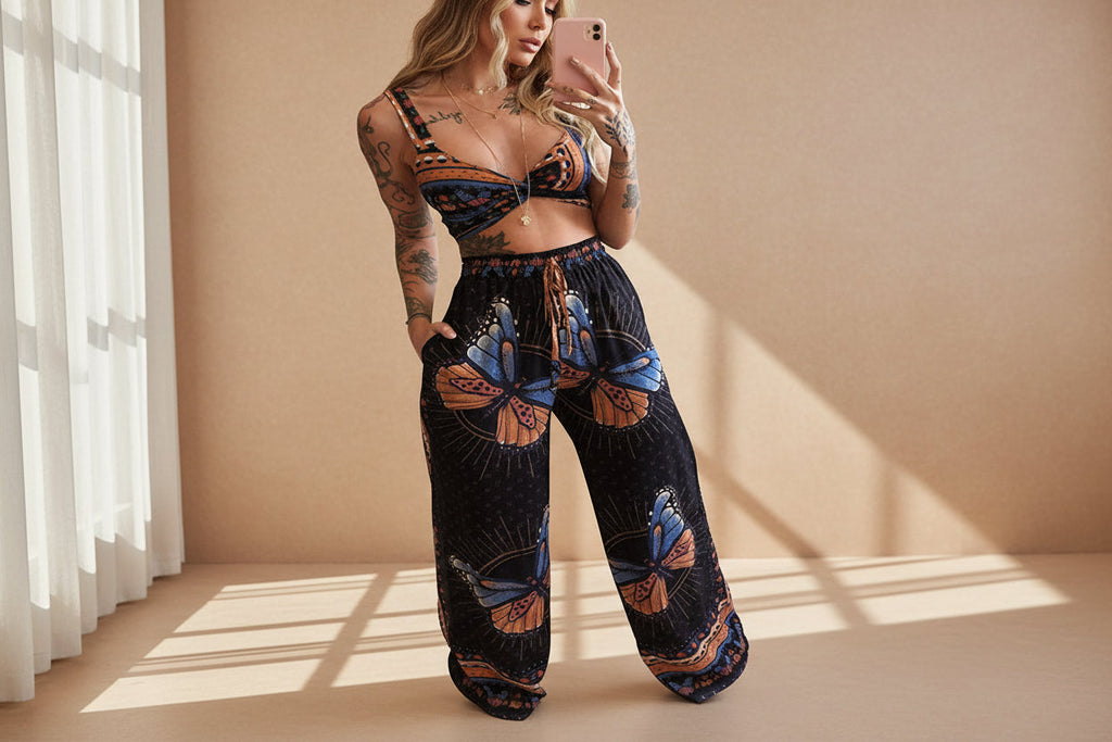 Women's Feather Print Crop Top & Pants Set – 2-Piece Vacation Outfit