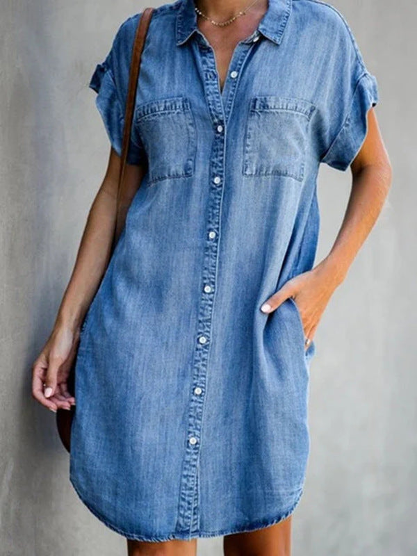 Denim Midi Dress – Short Sleeve Square Neck Slim Fit Street Style