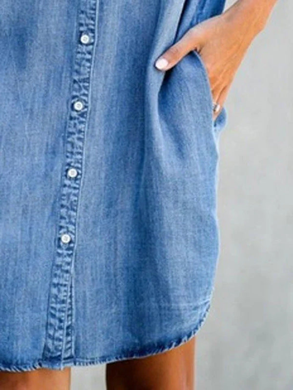 Denim Midi Dress – Short Sleeve Square Neck Slim Fit Street Style