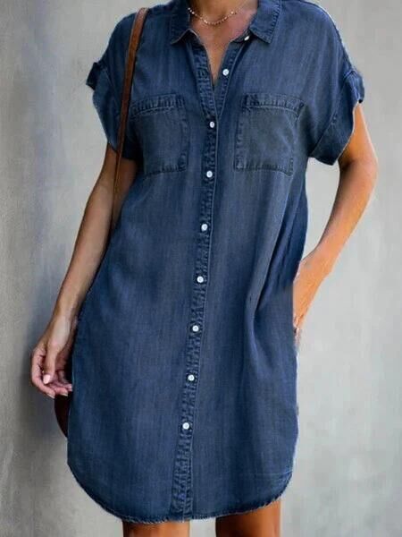 Denim Midi Dress – Short Sleeve Square Neck Slim Fit Street Style