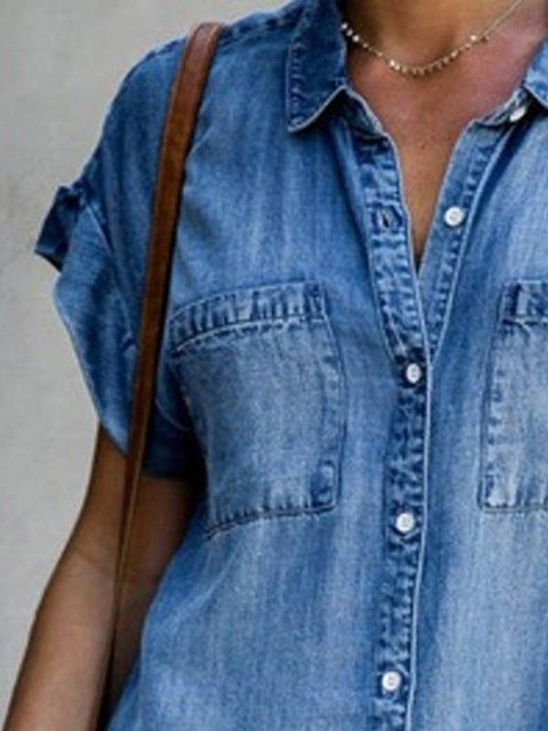 Denim Midi Dress – Short Sleeve Square Neck Slim Fit Street Style