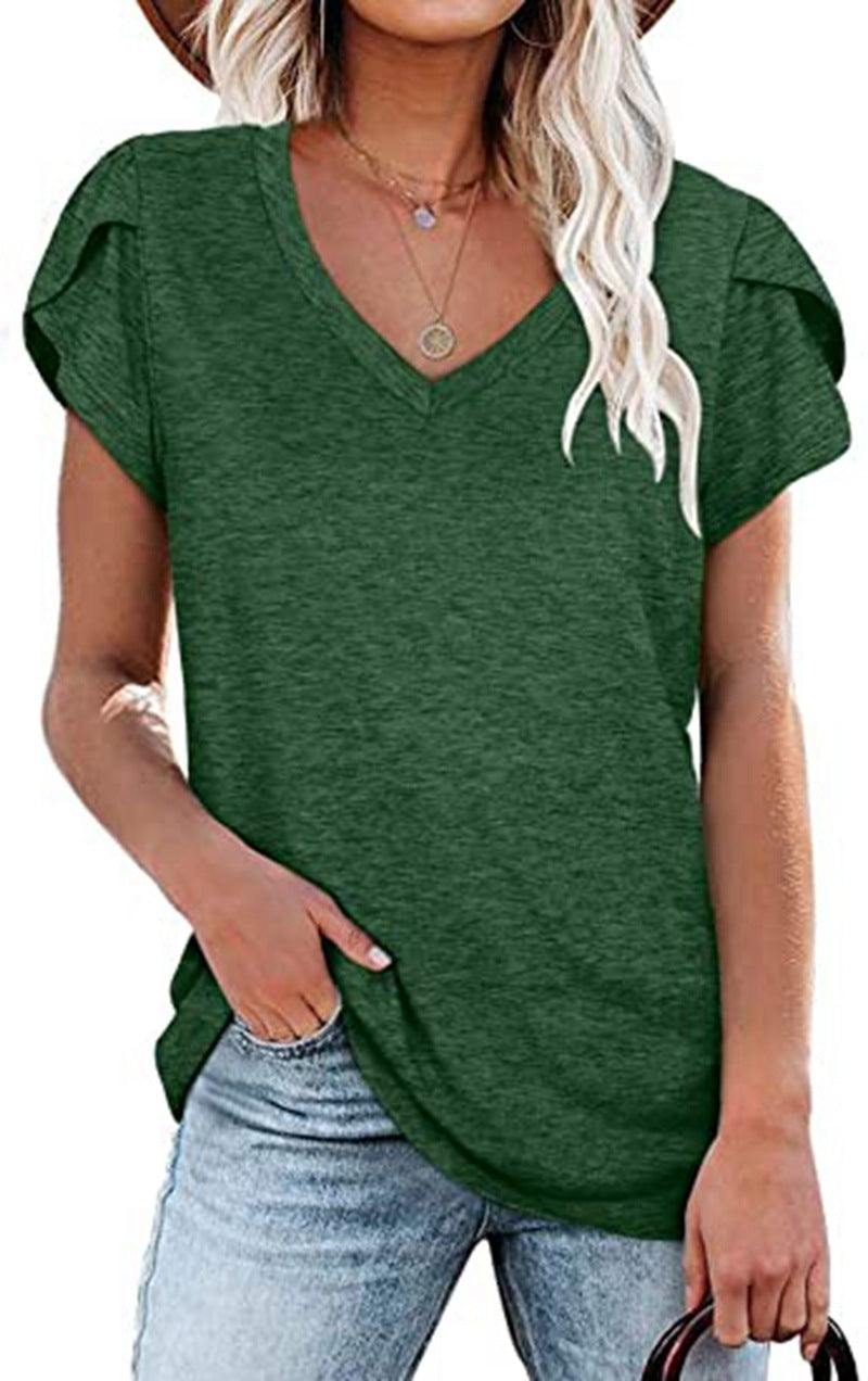 🌸 Women's V-Neck Petal Sleeve Summer T-Shirt – Elegant & Breezy