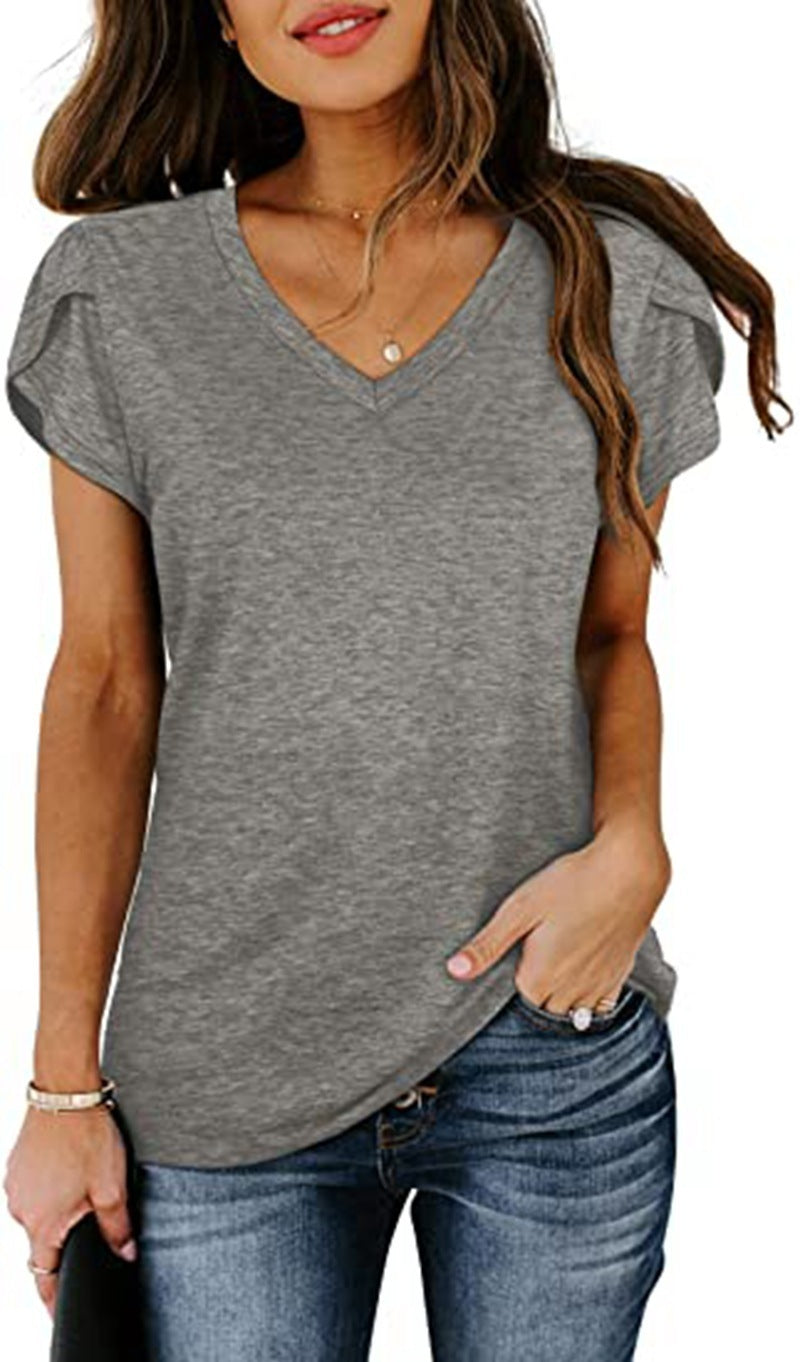 🌸 Women's V-Neck Petal Sleeve Summer T-Shirt – Elegant & Breezy