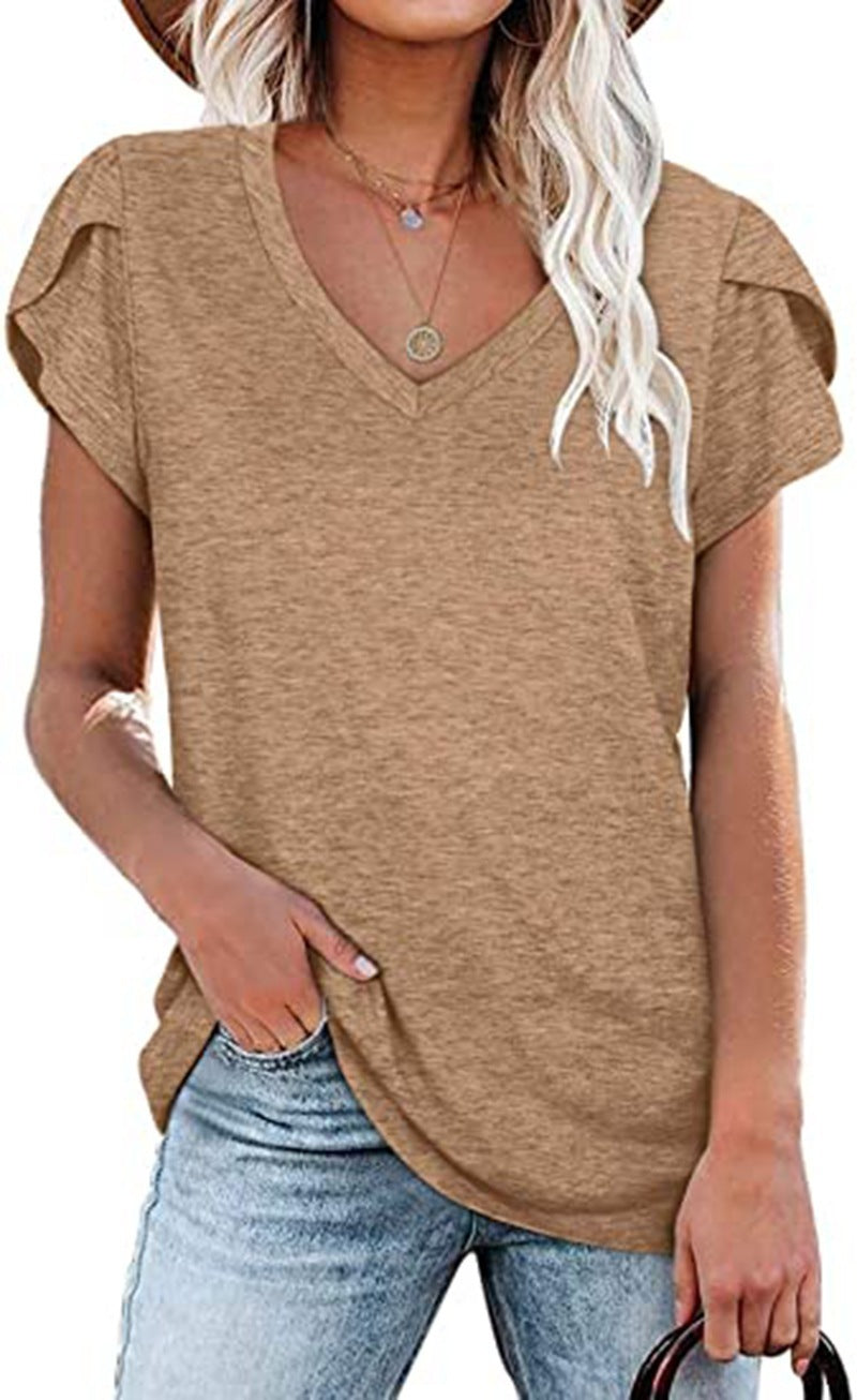 🌸 Women's V-Neck Petal Sleeve Summer T-Shirt – Elegant & Breezy