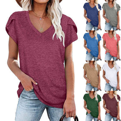 🌸 Women's V-Neck Petal Sleeve Summer T-Shirt – Elegant & Breezy