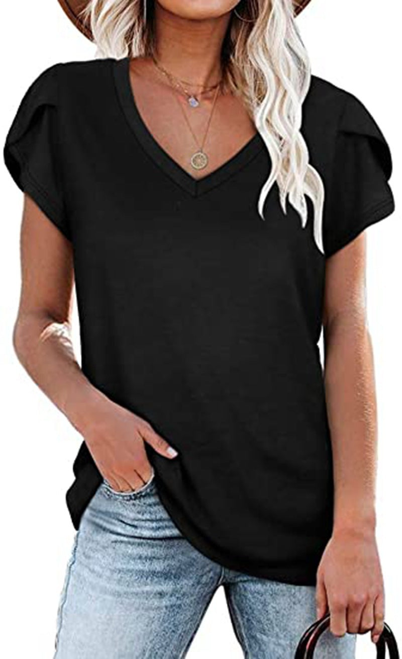 🌸 Women's V-Neck Petal Sleeve Summer T-Shirt – Elegant & Breezy