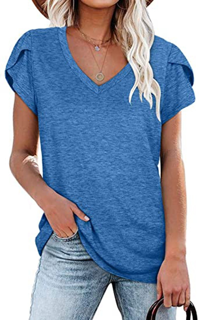 🌸 Women's V-Neck Petal Sleeve Summer T-Shirt – Elegant & Breezy