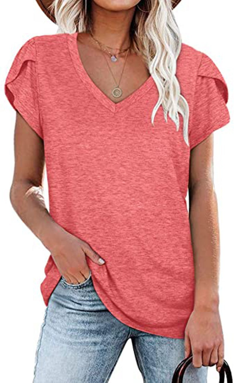 🌸 Women's V-Neck Petal Sleeve Summer T-Shirt – Elegant & Breezy