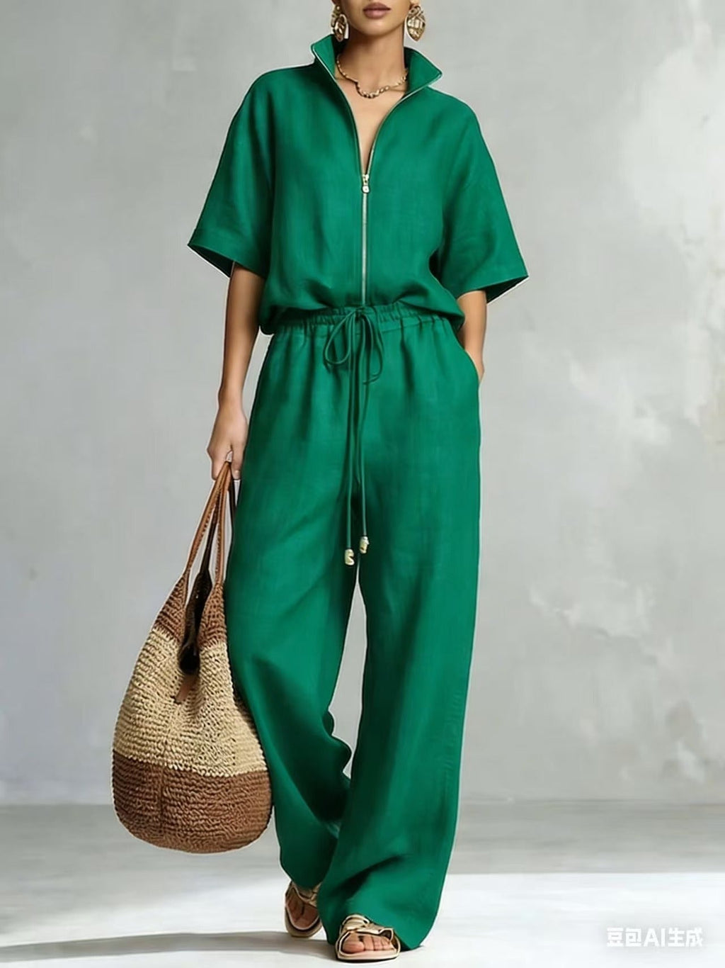 Women's Zip-Up Crew-Neck Top & Wide-Leg Pants Set