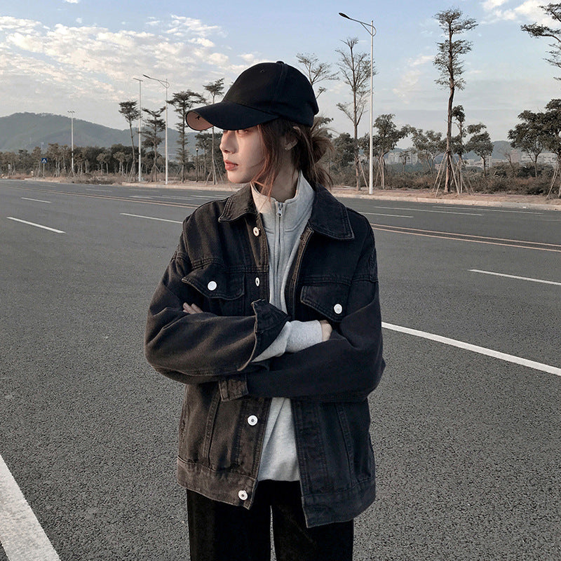 Women's Oversized Washed Denim Jacket – Hooded Loose Korean Style