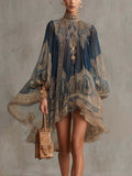 Navy Blue Printed Puff Sleeve Stand Collar Dress – Loose Boho Asymmetric Hem Dress for Women