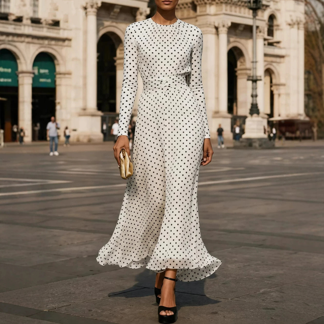 Round Neck Long Sleeve Polka Dot Sheath Dress