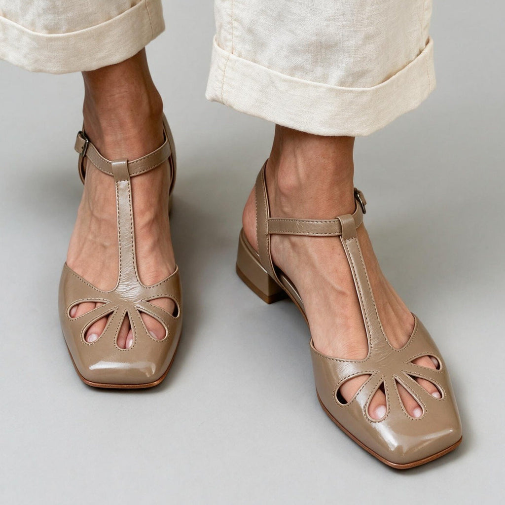 Women's Retro T-Strap Block Heel Sandals – Floral Cut-Out Square Toe