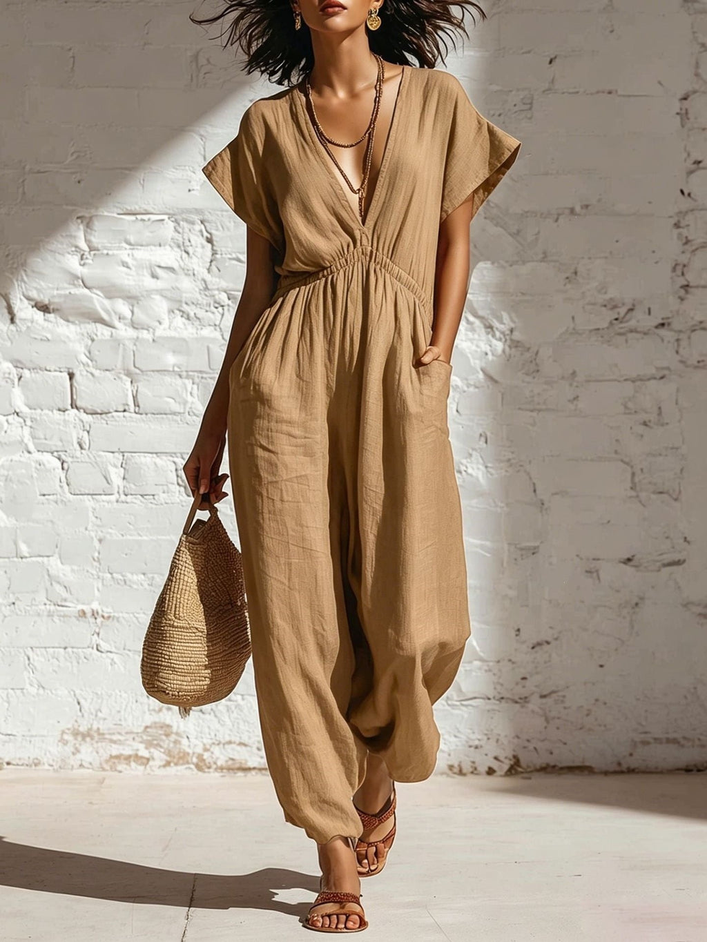 Women's Deep V-Neck Three-Quarter Sleeve High Waist Wide Leg Pants