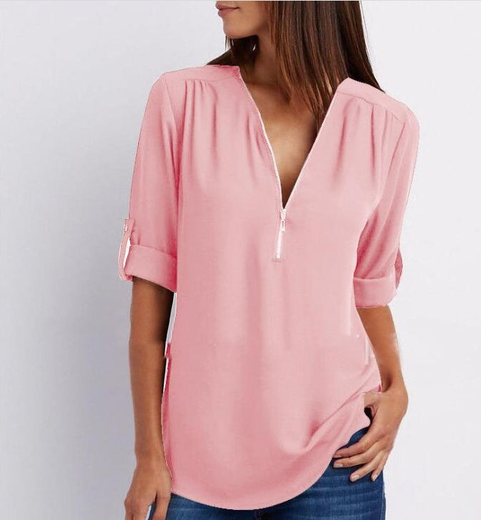 Women's Short-Sleeve Zip V-Neck Loose Top