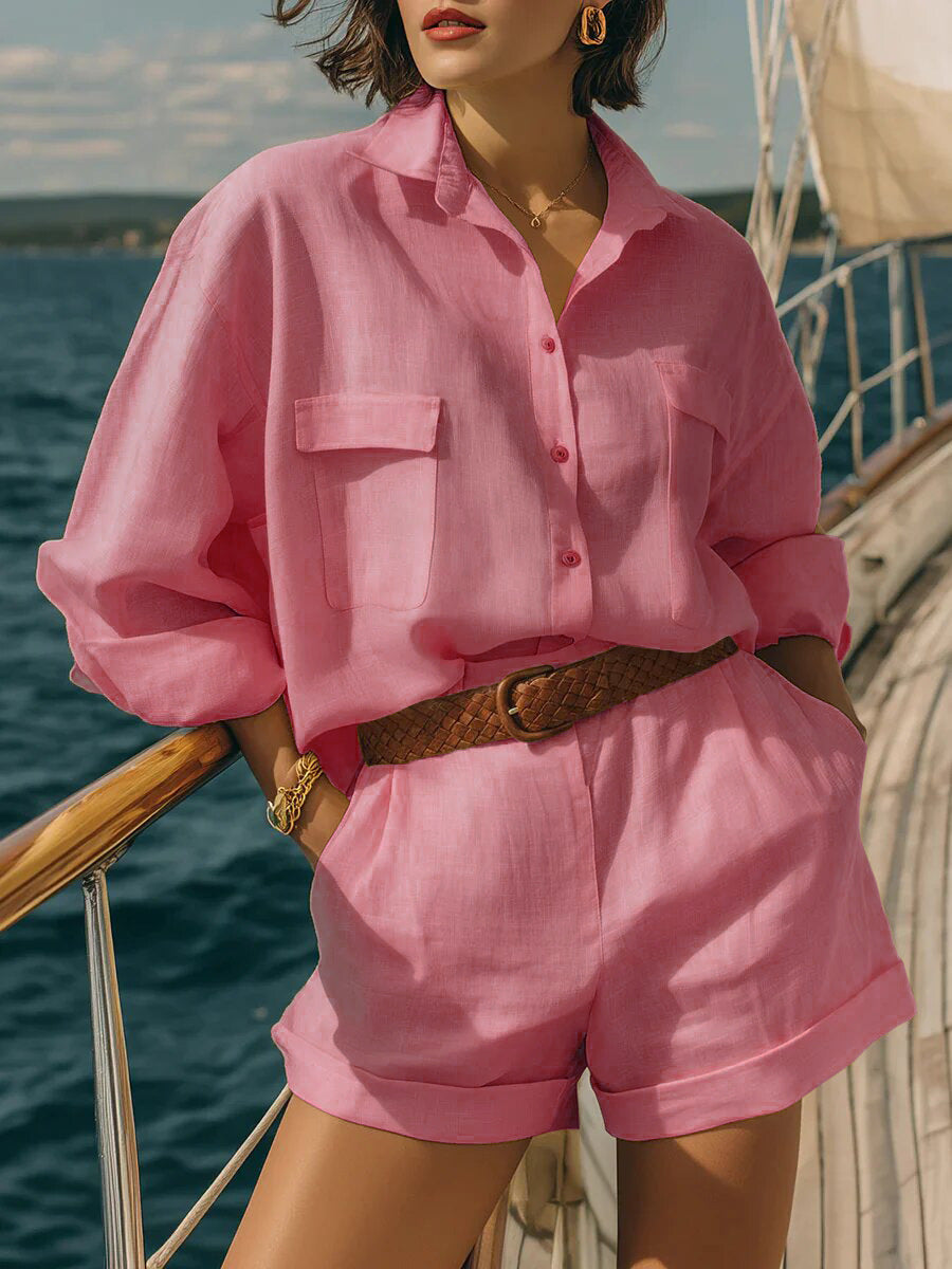 Cotton-Linen Loose-Fit Button-Down Shirt and Shorts Casual Set