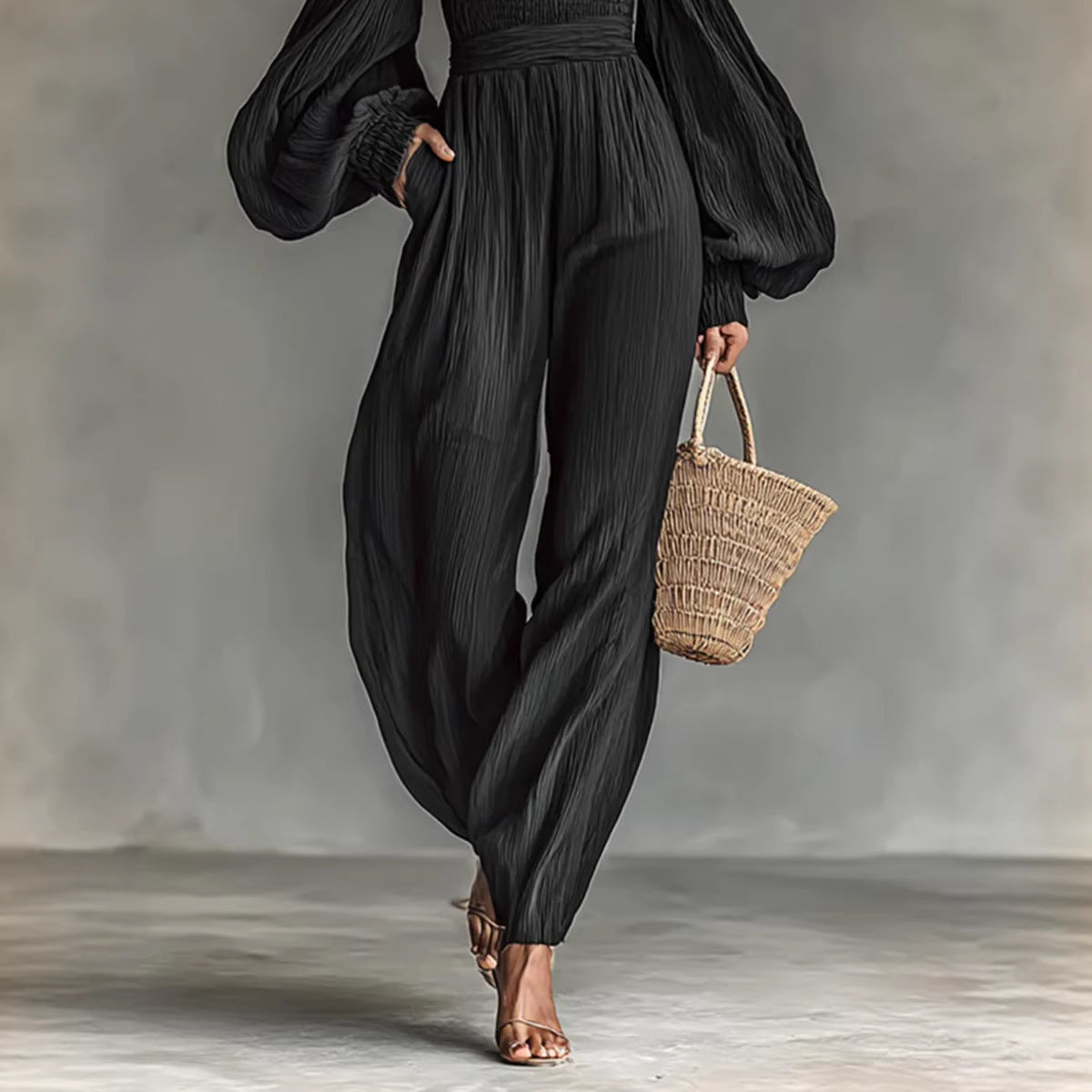 Women's Off-Shoulder Lantern Sleeve Pleated Loose Jumpsuit