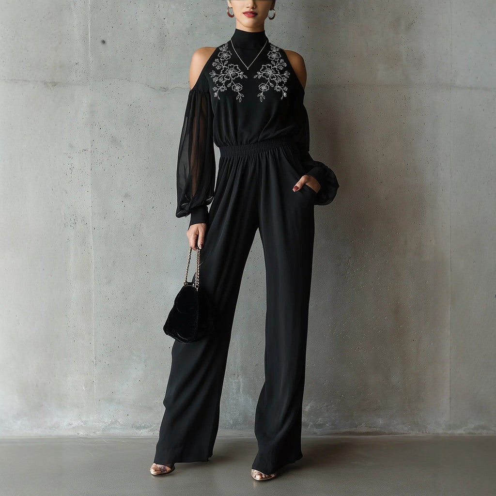 Black Embroidered Women’s Long-Sleeve Wide-Leg Jumpsuit