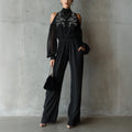 Black Embroidered Women’s Long-Sleeve Wide-Leg Jumpsuit