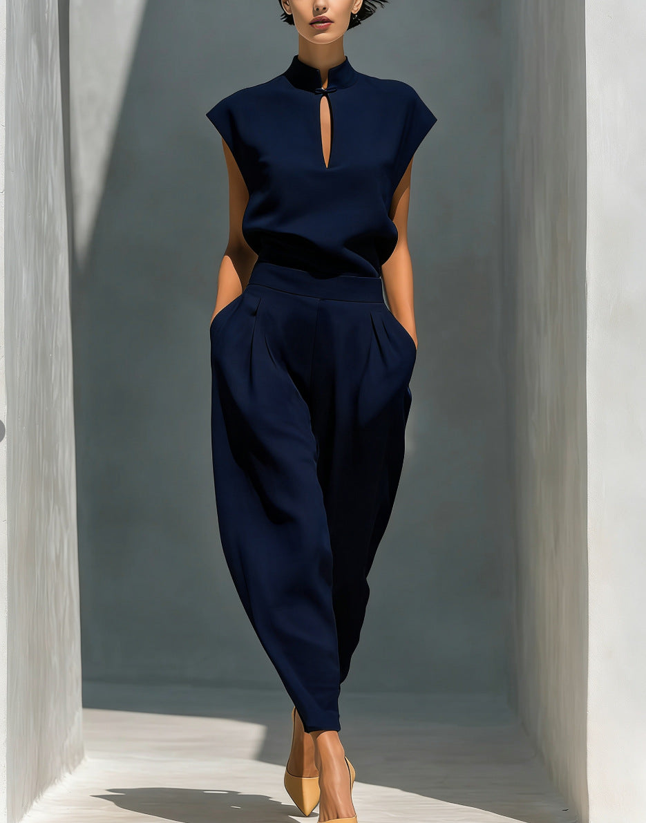 Women's Chinese-Style Satin Short-Sleeve Top & Pants Set