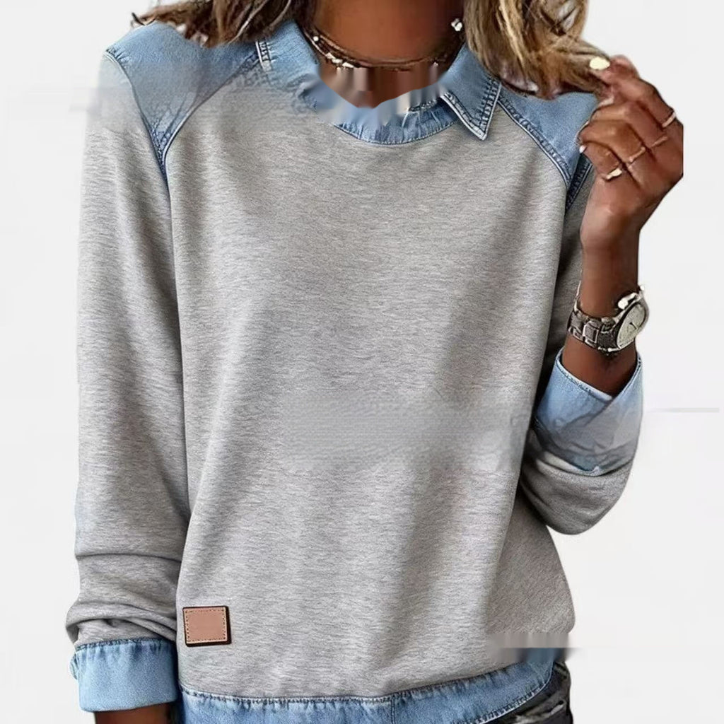 Denim Collar Patchwork Pullover Knitwear Top – Women’s Street Style