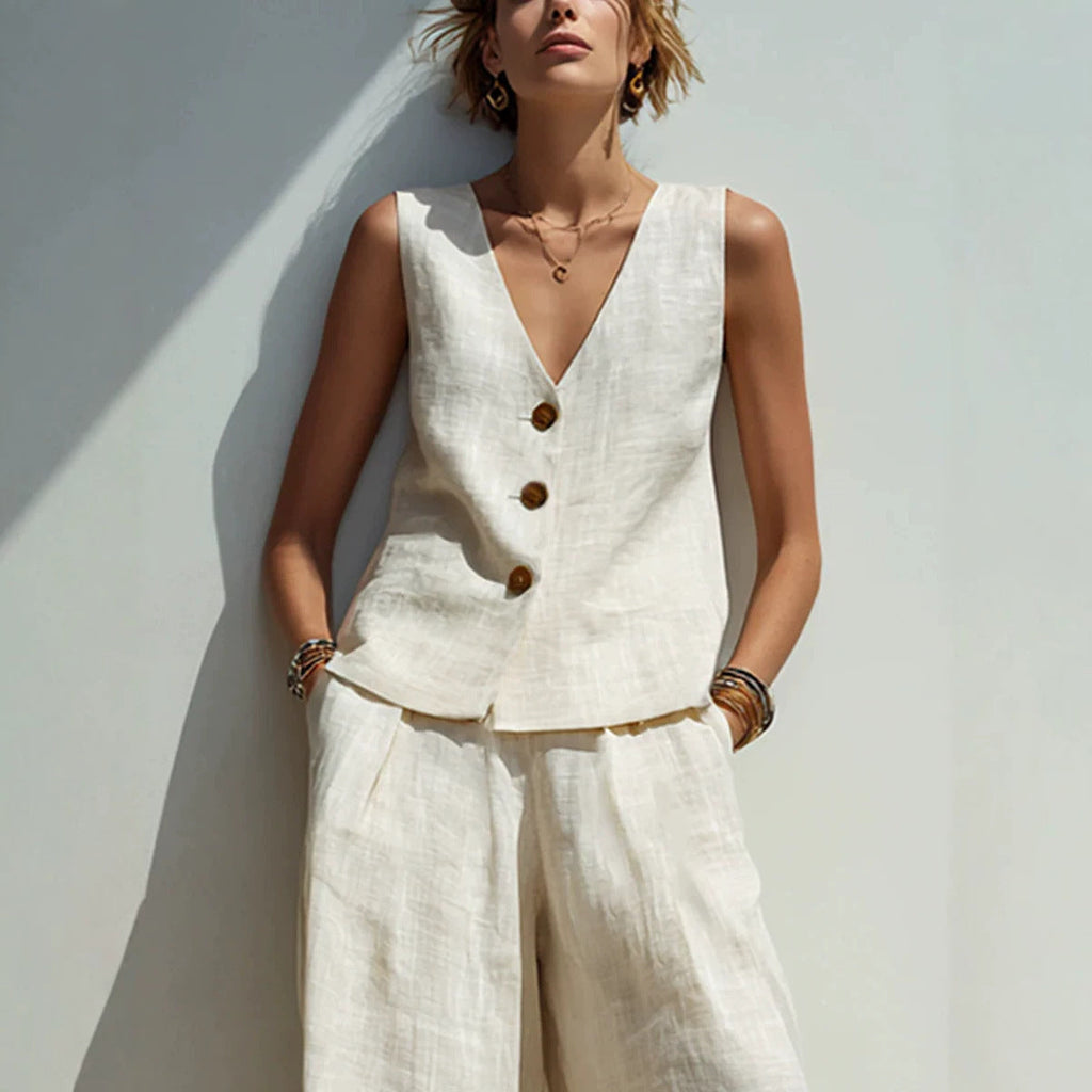 Linen Blend V-Neck Buttoned Vest & High-Waist Wide-Leg Pants Set – 5 Colors S–3XL