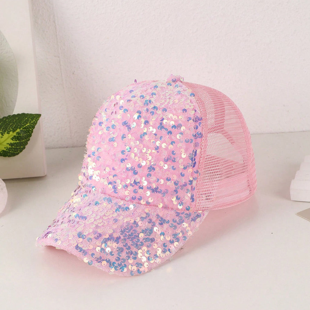 Sequin-Embroidered Mesh Baseball Cap with Sunshade – Breathable Trendy Hat