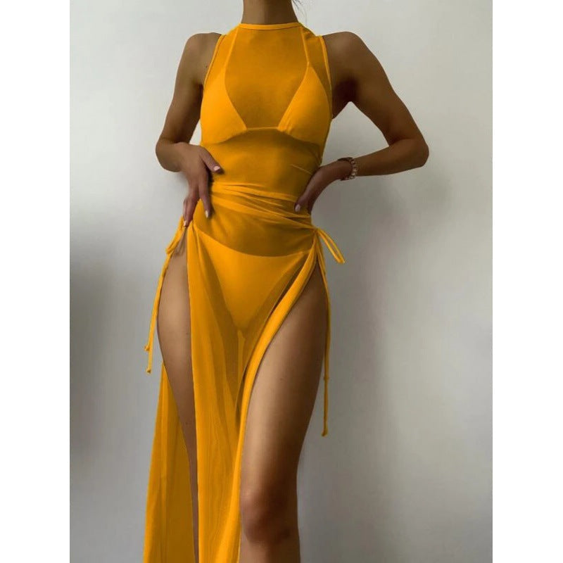 Women's Solid Color Three-Piece Bikini Set with Maxi Dress Cover-Up